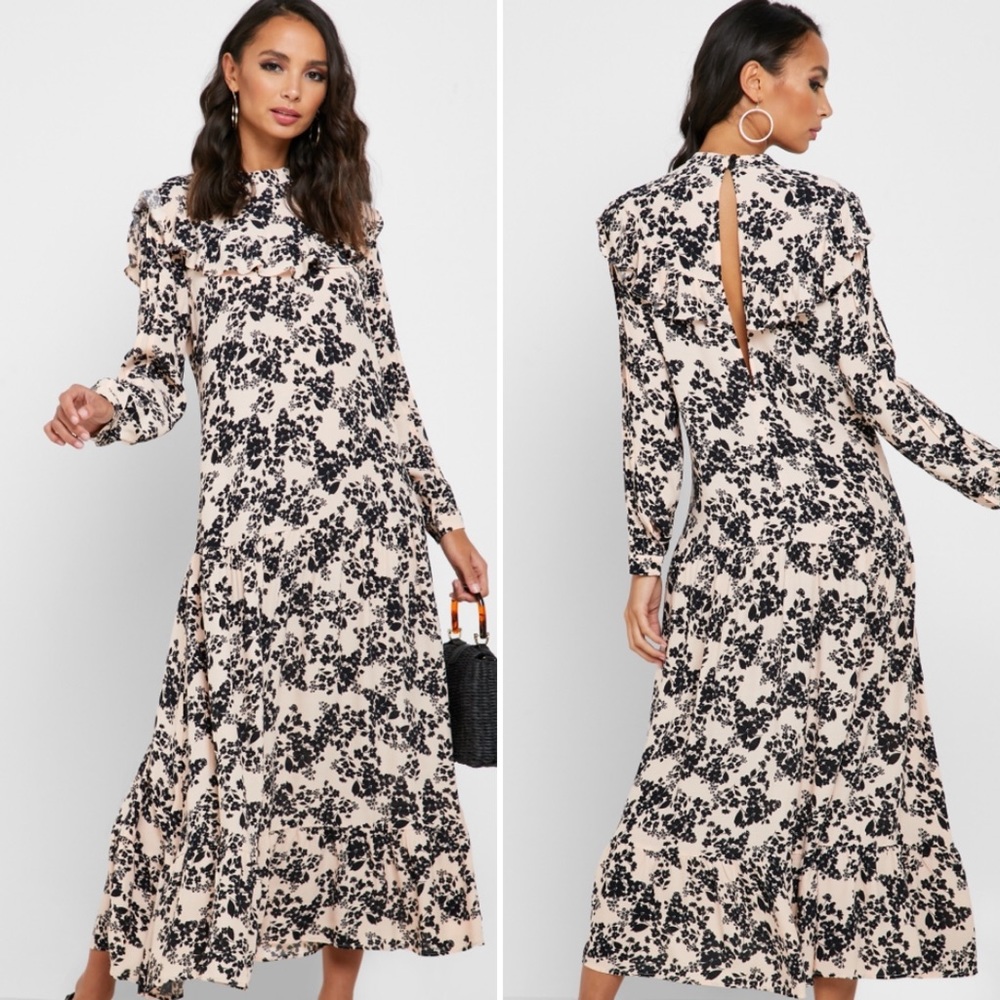 topshop | ruffled prairie maxi dress high neck floral blush pink 2 nwt